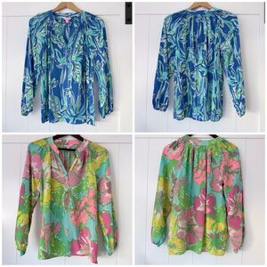Bundle (2) Lilly Pulitzer Elsa 100% Silk Top - Blue Crush & Big Flirt - Sz M